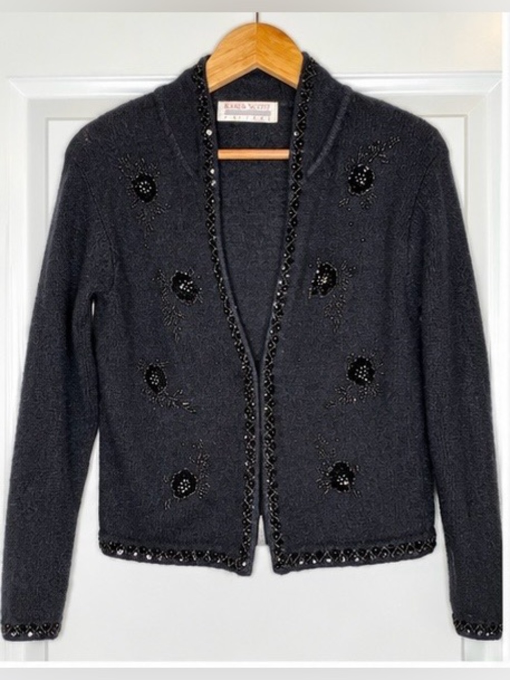 Vintage Karen Scott Petites Black Beaded Silk Angora Cardigan PS